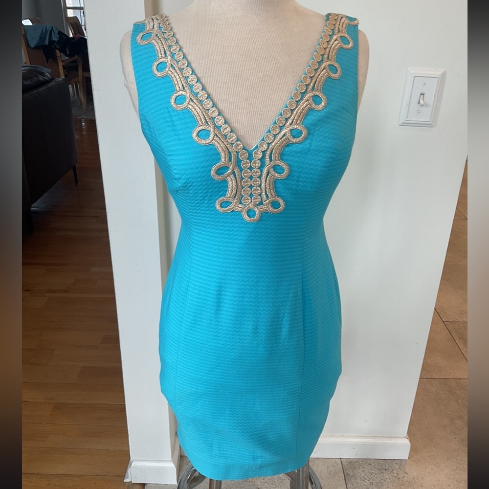 Lilly Pulitzer Turquoise Dress with Gold Accents - Picture 2 of 10